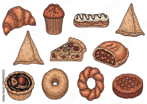 An assortment of delicious freshly baked goods, sweet pastries, and savory treats, perfect for any snack or dessert occasion