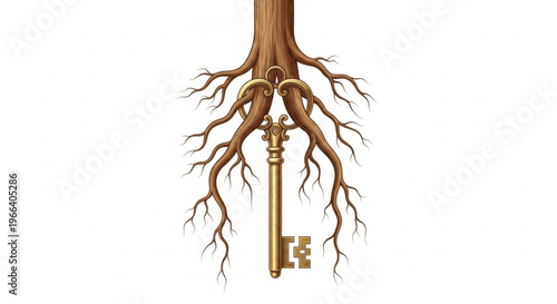 Unlock the secrets of ancient wisdom and discover the hidden roots of knowledge with this symbolic golden key entwined with tree roots