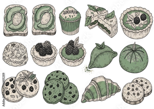 Artistic Hand-Drawn Collection of Sweet and Savory Green-Toned Pastries and Breakfast Food Illustrations
