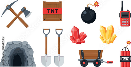 Set of mining and gold prospecting flat icons with dynamite and cave