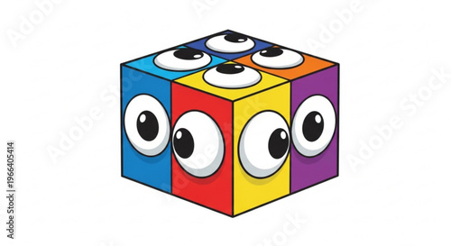 A whimsical cube with cartoon eyes on each face, rendered in vibrant primary and secondary colors against a white background, symbolizing playfulness and curiosity