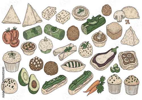 Vibrant Hand-Drawn Vector Illustrations of Diverse Appetizers, Savory Bites, and Sweet Culinary Delights Collection