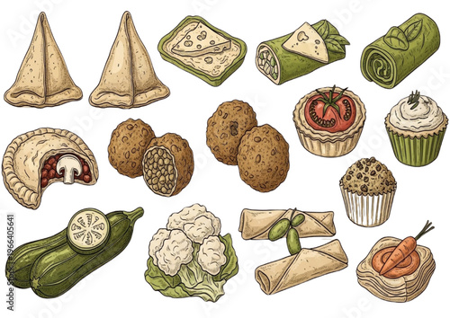Delicious Hand-Drawn Assortment of Vegetarian Appetizers and Snacks Illustration Set
