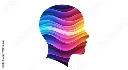 Abstract profile of a human head filled with vibrant, wavy rainbow colors symbolizing creativity and imagination
