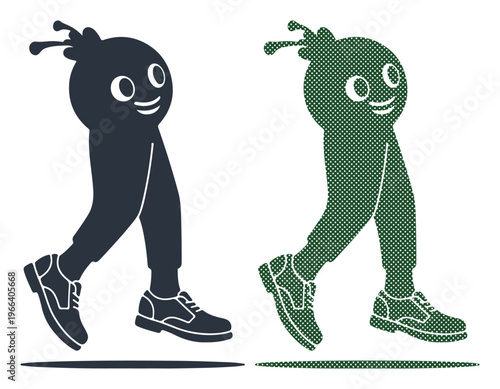 Funny humanoid characters, cartoon people, walking illustration, green and black, halftone effect