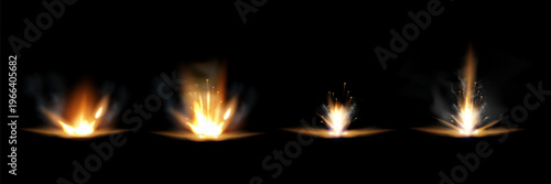 Gun flashes with smoke and fire sparkles. Pistol shots clouds, muzzle shotgun explosion. Blast motion, weapon bullets trails isolated on black background.