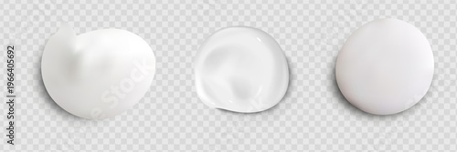 Realistic set of vector strokes of cosmetic cream. Smears of cosmetic white skin cream of various shapes and sizes, isolated on a transparent background. Top view