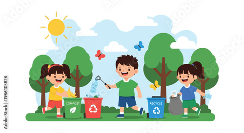 Enthusiastic kids learn to protect nature by sorting waste into colorful compost and recycling bins in a beautiful, sunny park setting.