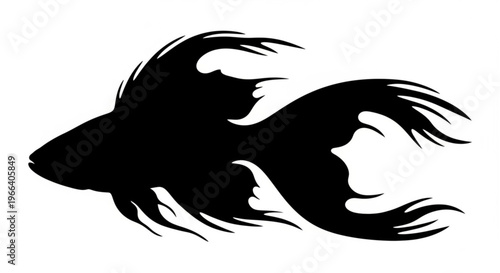 Stylized graphic illustration featuring a sleek black fish silhouette with dynamic, flowing fins, capturing the serene movement and beauty of an aquatic creature in a modern design