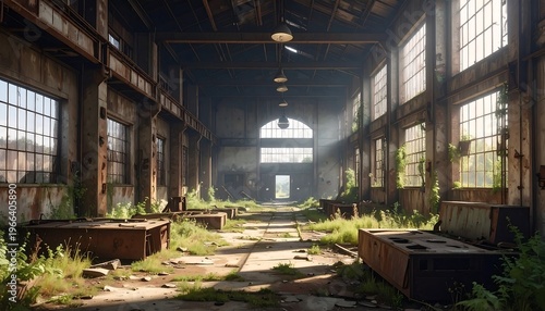 Atmospheric view of abandoned industrial hall with sunlight and overgrown vegetation
