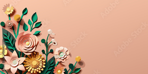Paper flowers bloom in a corner against a peach background
