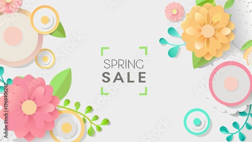 Spring sale advertisement featuring colorful paper flowers and botanical elements