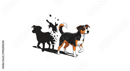 Dynamic illustration of a tri-color dog emerging from a dissolving shadow, depicting motion and transformation with a stylized artistic effect