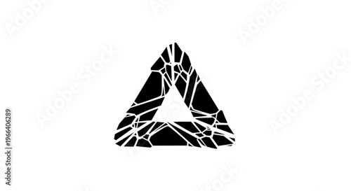 Abstract black geometric triangle symbol with fragmented and shattered pieces creating a modern deconstructed design element for conceptual projects and digital art illustration