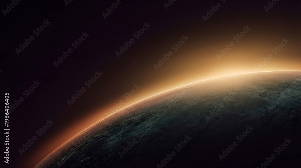 Fototapeta premium Dramatic dark planet horizon with bright orange atmosphere glow