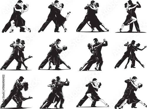 couples dancing tango in various poses vector illustration