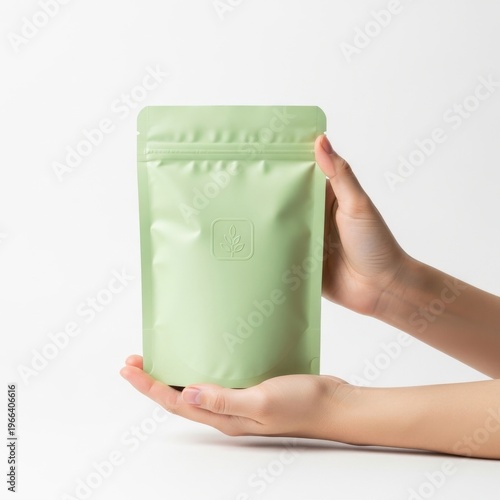 A hand holding a light green resealable pouch with minimalist design