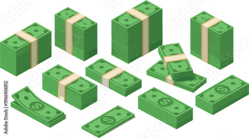 Stacks of dollar bills tied with bands representing money, wealth, and finance in isometric vector illustration