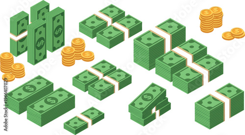 Stacks of dollar bills and gold coins representing money, wealth, and finance in vector illustration