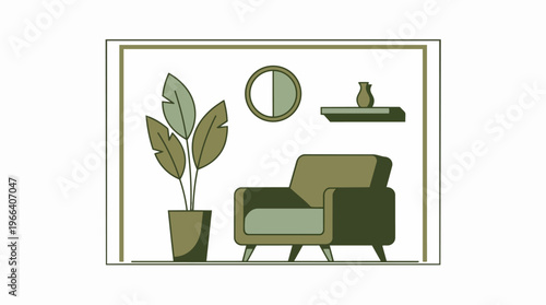 Green armchair with plant.