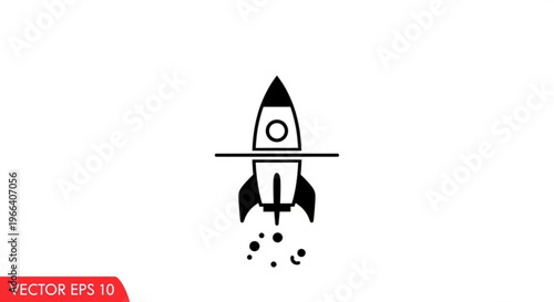 A minimalist vector graphic of a rocket ship launching into space with a bold design