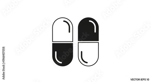 A minimalist vector graphic illustration of two capsules in black and white
