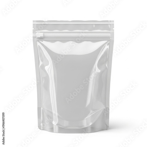 Transparent resealable pouch standing upright on a plain background