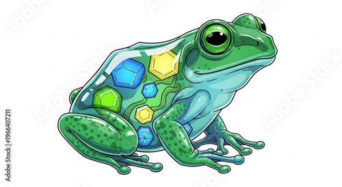 Creative Illustration of a Green Frog with Geometric Patterns and Crystalline Structures on Its Body