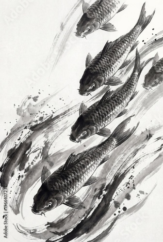 鯉の群れの水墨画 流水を遡る鯉を描いた迫力ある縦構図の日本墨絵