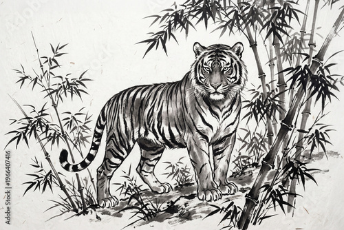 竹林に佇む虎の水墨画 力強い墨の筆致で描かれた日本の伝統的な墨絵
