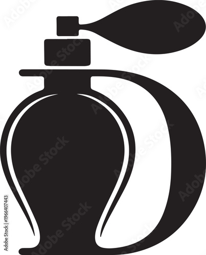 Isolated vector illustration of a black vintage perfume bottle shaped like a human body and head with a question mark decoration for cosmetic beauty