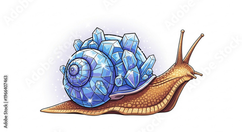 Whimsical artwork of a magical snail carrying a magnificent, sparkling crystalline shell, glowing with an ethereal blue light, a fantasy creature design