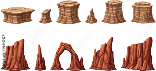 Stylized desert mesas, sandstone buttes, cliffs, spires, and natural arch formations with layered textures for digital landscapes