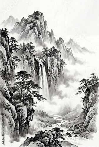 縦構図の山水画 断崖と滝が描く壮大な日本の水墨画風景 掛け軸風アート