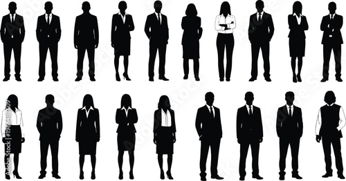 Business people silhouettes collection corporate men and women office professionals black and white vector illustration isolated background design