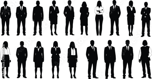 Business people silhouettes set, professional men and women standing poses isolated on white background, corporate team vector illustration collection