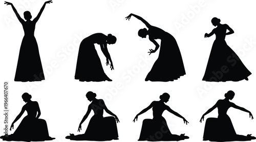 Elegant ballet dancer silhouettes collection graceful poses classical dance performance black and white vector illustration isolated background design