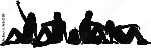 Group of young people sitting silhouettes, friends relaxing with backpack isolated on white background, casual lifestyle vector illustration set
