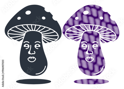 Fantasy mushroom faces, purple and black, illustration, vector graphics, fungi characters, emotive expressions