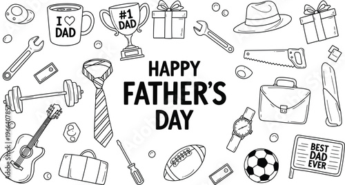 Happy Father's Day doodle illustration featuring various dad-related items and gifts, perfect for celebration and appreciation.