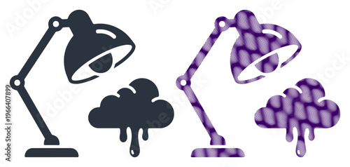 Vector desk lamps, dripping paint, meltdown, office supplies, purple