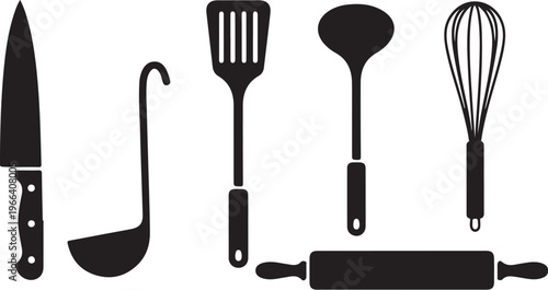 Black kitchen utensils and tools on white background illustration