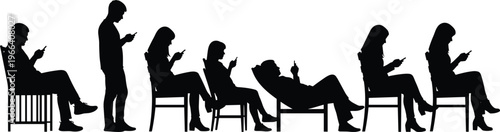 People using smartphones sitting and standing silhouettes social media addiction concept black and white vector illustration isolated background design