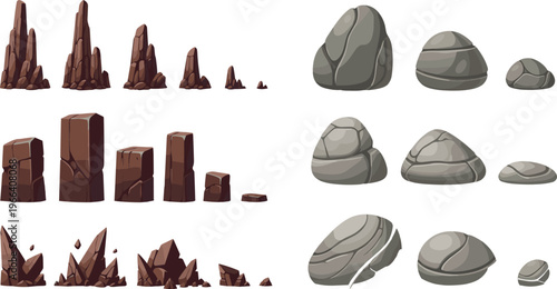 Stylized rocky formations and smooth boulders in contrasting textures, jagged spires and rounded stones for digital environments