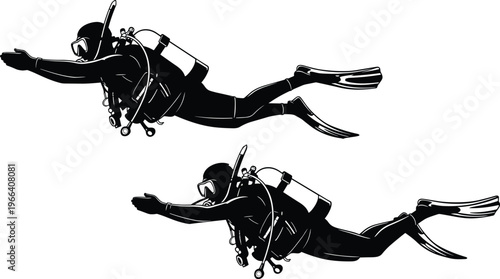 Scuba divers silhouettes set swimming underwater with equipment isolated on white background, marine adventure vector illustration for diving sport concept
