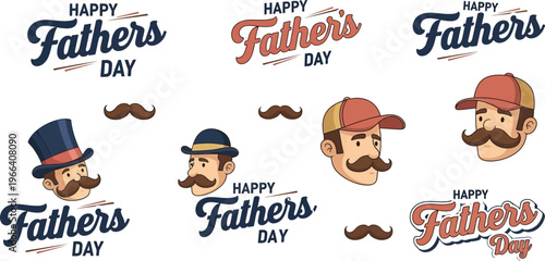 Happy Father's Day graphic featuring diverse cartoon men's faces with mustaches and hats, perfect for celebrating dads and father figures.