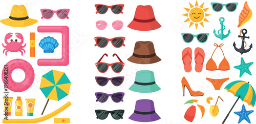 Summer Beach Accessories Illustration Set Featuring Sunglasses, Hats, Flip Flops, and Sun Gear