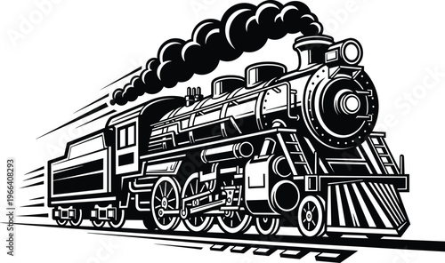 Vintage steam locomotive train silhouette classic railway engine transport black and white vector illustration isolated background design retro style