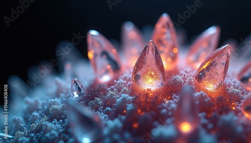 Close up of glowing translucent pink crystals with intricate textures on a dark background with subtle blue and orange
