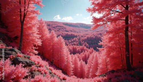 Vibrant Pink Forest Canopy Under a Clear Blue Sky With Wispy Clouds And Sunlight Dappling Through The Branches Of Trees
